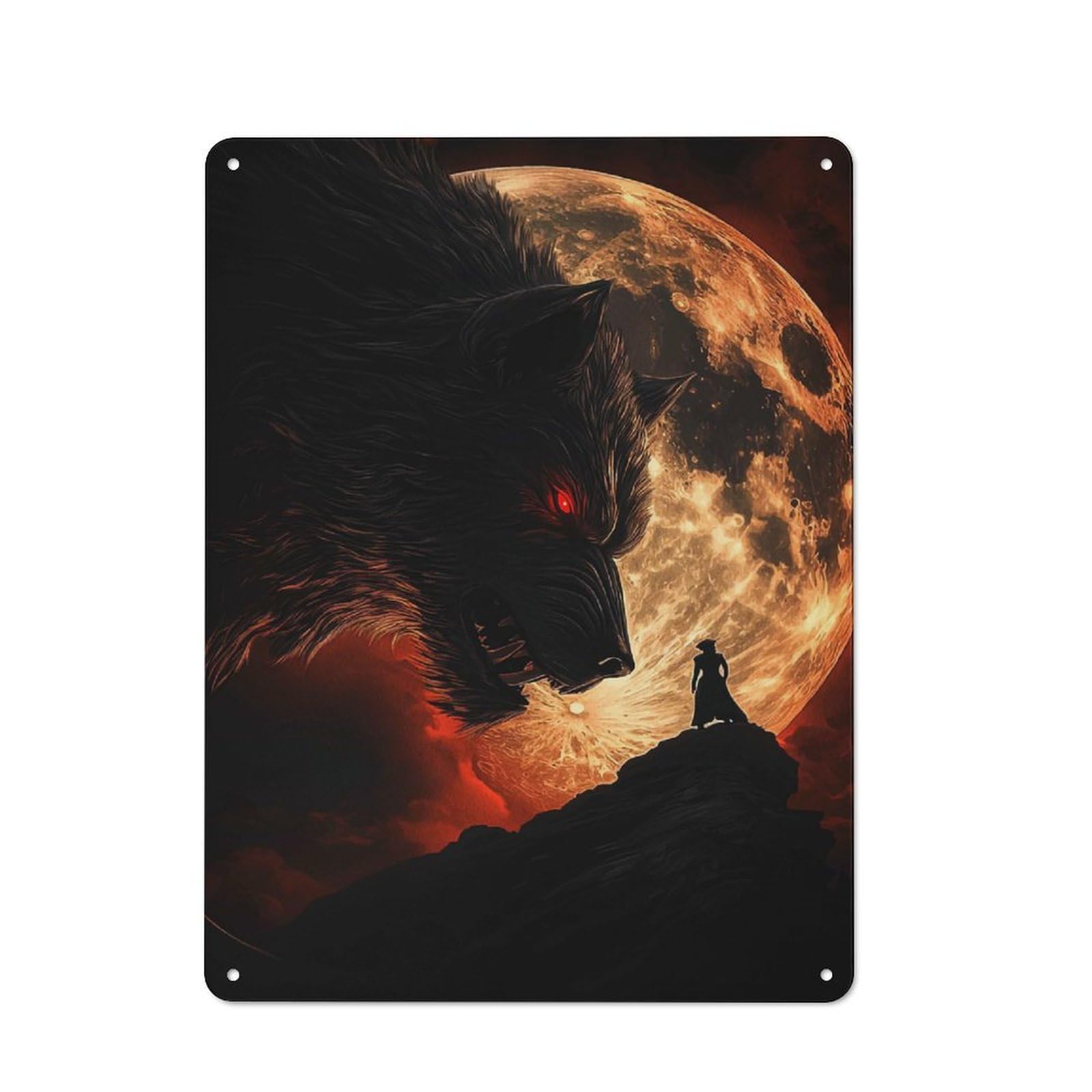 Junmoney Style-8 Vintage Metal Plaque 40X30cm Featuring Werewolf Confrontation Under A Fiery Moon For Hallway Wall, For Wall Display Collectors