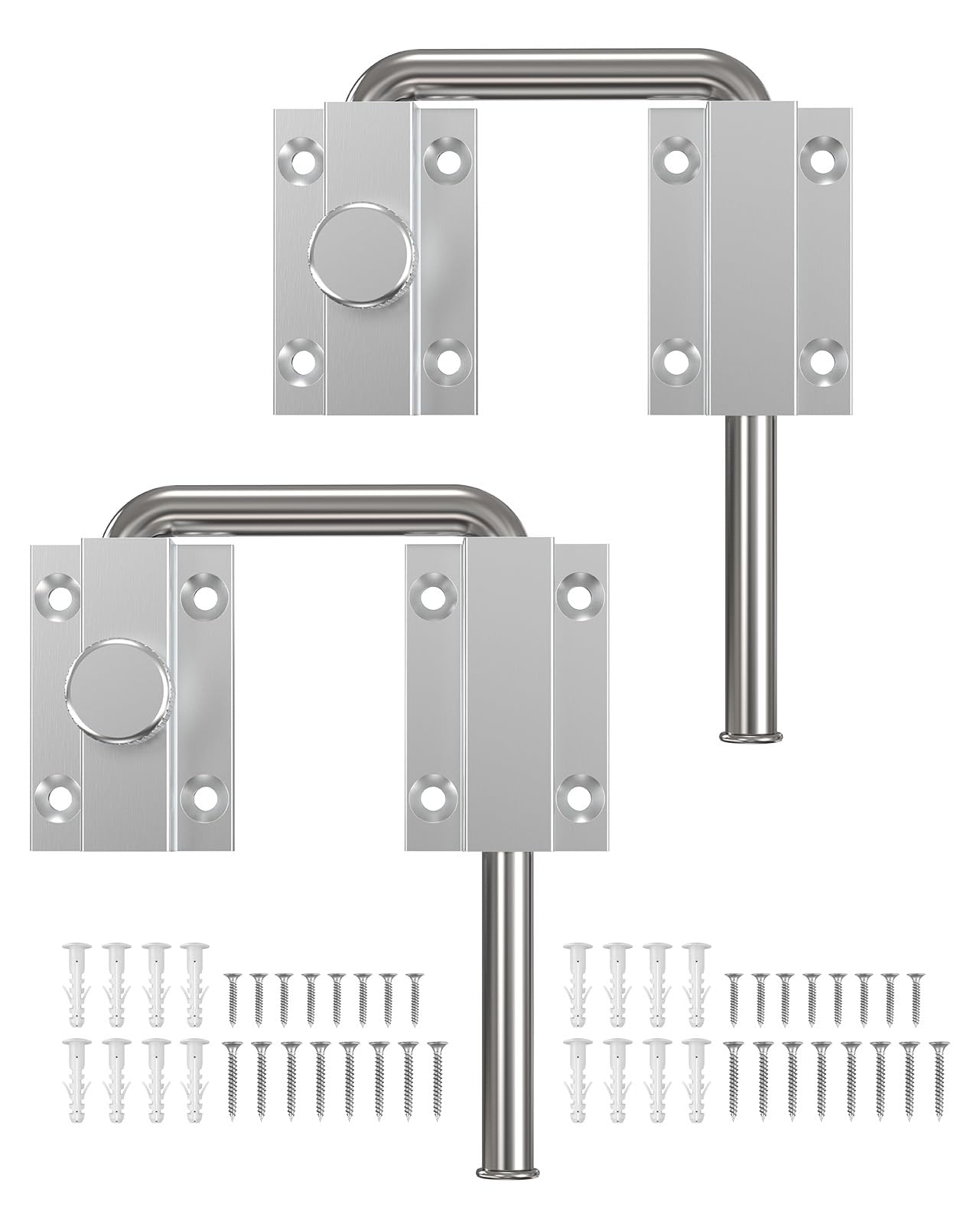 SecureLatch U-Bolt Patio Door Lock, 2.4 Inch Solid Aluminium Alloy with Locking Button & 90/180 Degree Adjustment, Anti-Pry for Sliding Glass Door, Barn, Screen (Silver-2PCS)