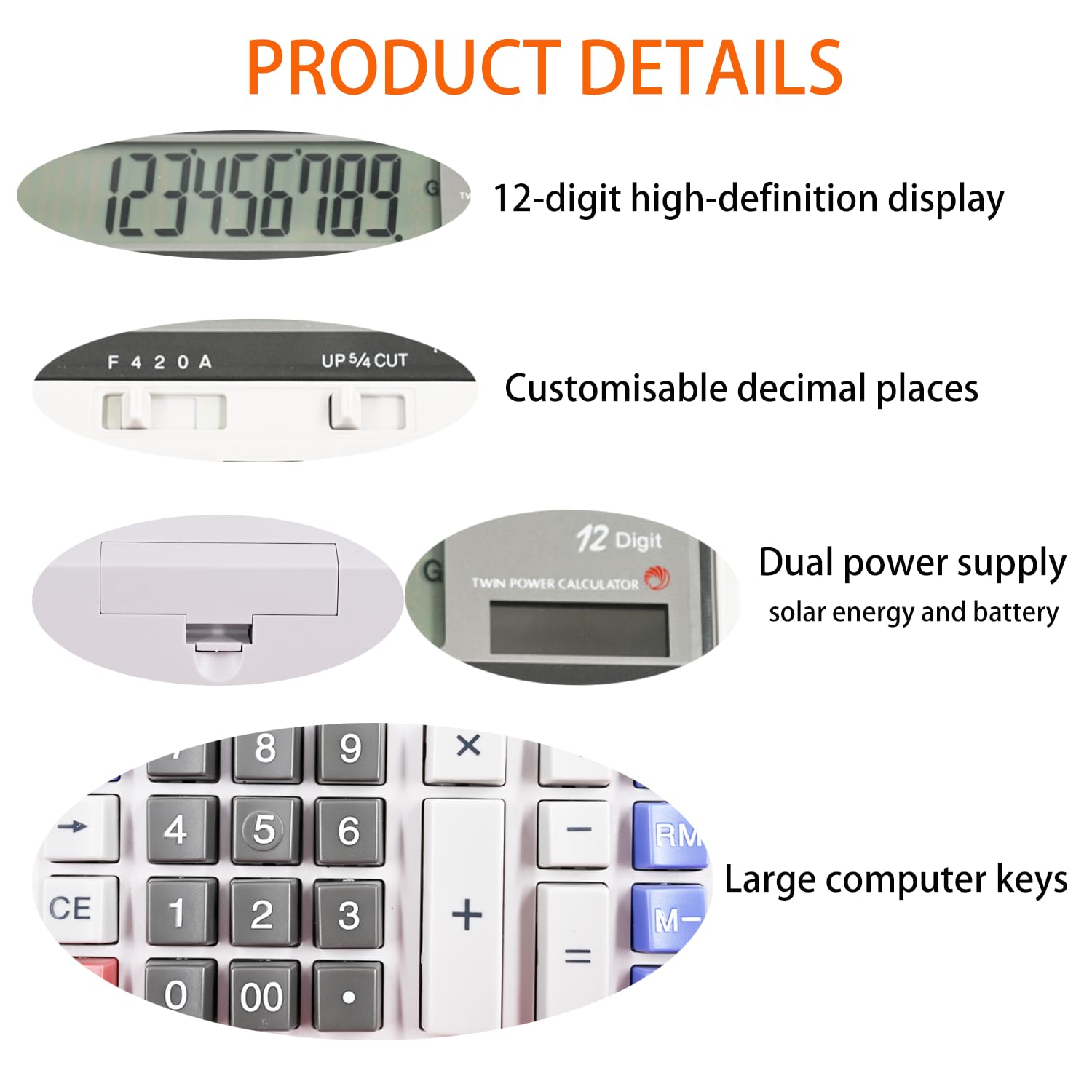 Calculatrice de comptabilité de bureau avec écran LCD extra large à 12 chiffres, calculatrice comptable pour gros boutons, batterie et double alimentation solaire pour bureau, entreprise, maison