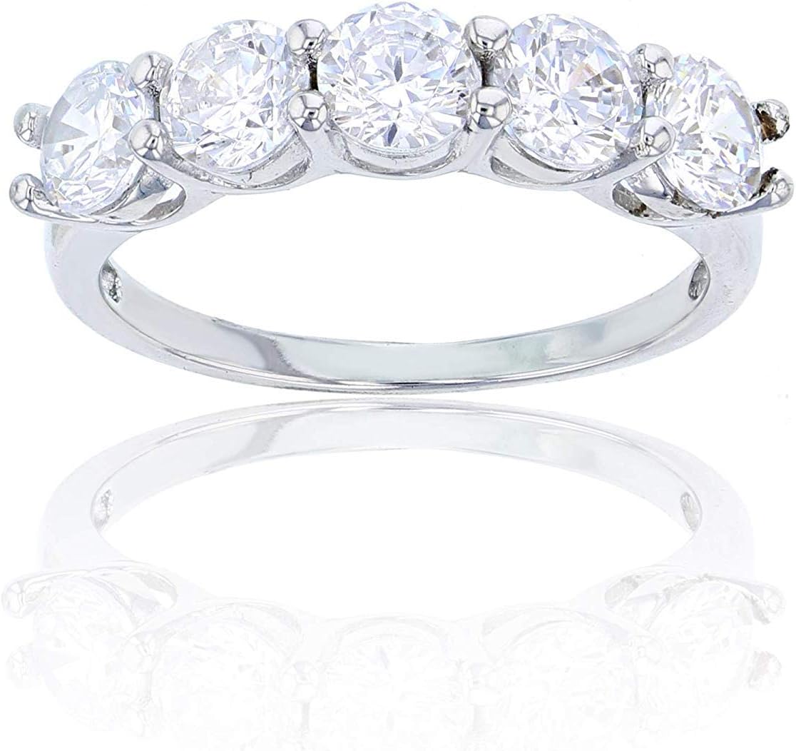 DECADENCE Sterling Silver Rhodium Round Cut 5 Stone Cubic Zirconia Anniversary Band | 4mm Single Row and 5mm Double Row | Sizes 5-12