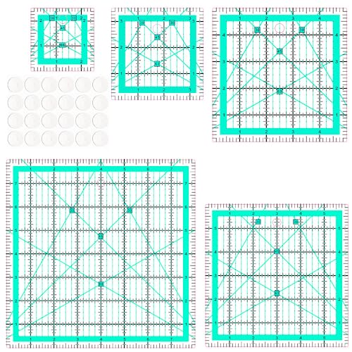 Evadollina 5 Piece Quilt Ruler Set Large Set Square Patchwork Ruler and 24 Anti-Slip Stickers Sewing Ruler for Multiple Uses (2.5/3.5/5/6/8 inch)