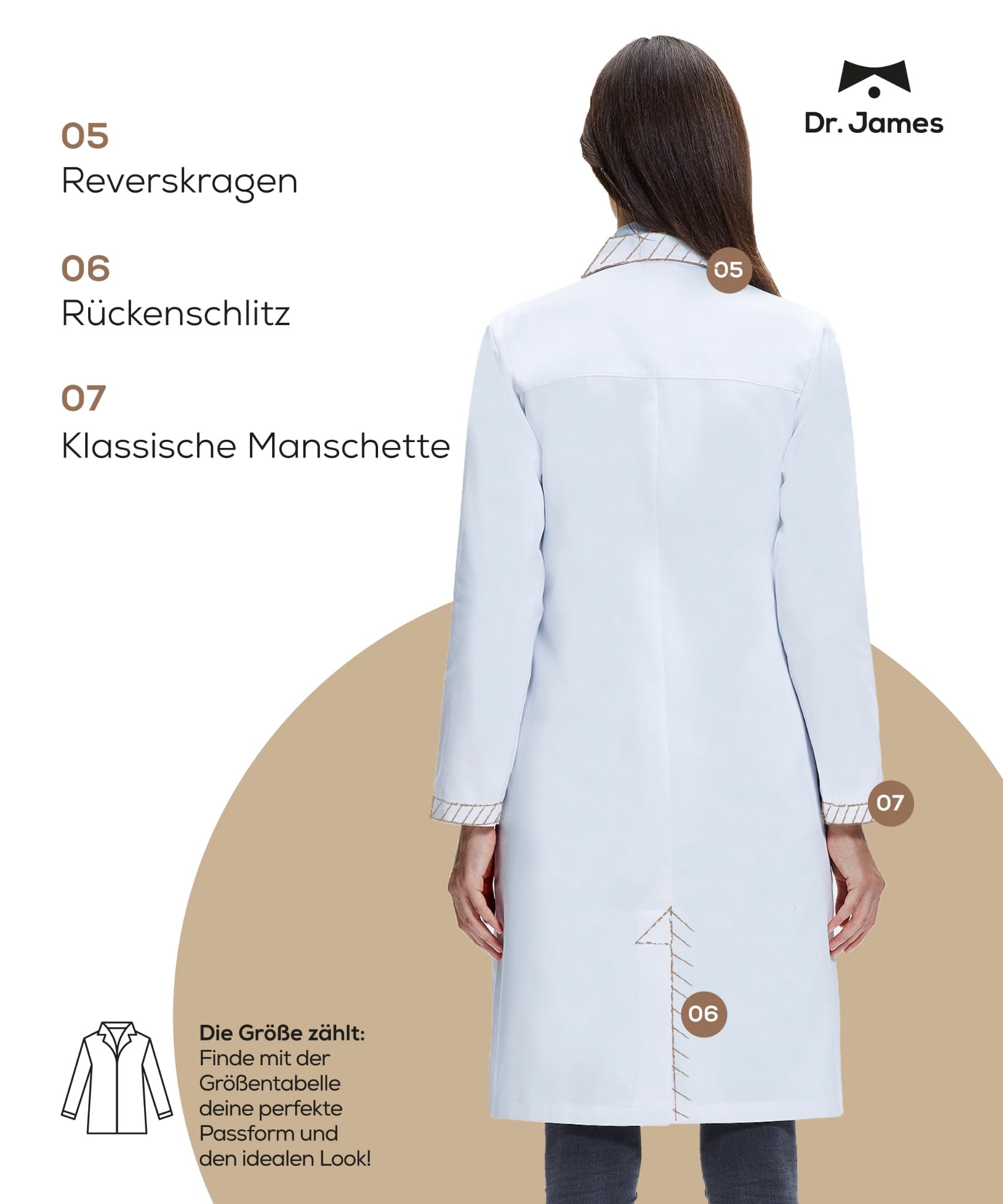 Dr. James Laborkittel Damen 100% Baumwolle, Klassischer Regular Fit Arztkittel mit verdeckten Druckknöpfen, 3 Taschen & 94 cm Länge, OEKO-TEX® zertifiziert, Weißer Medizin Kittel