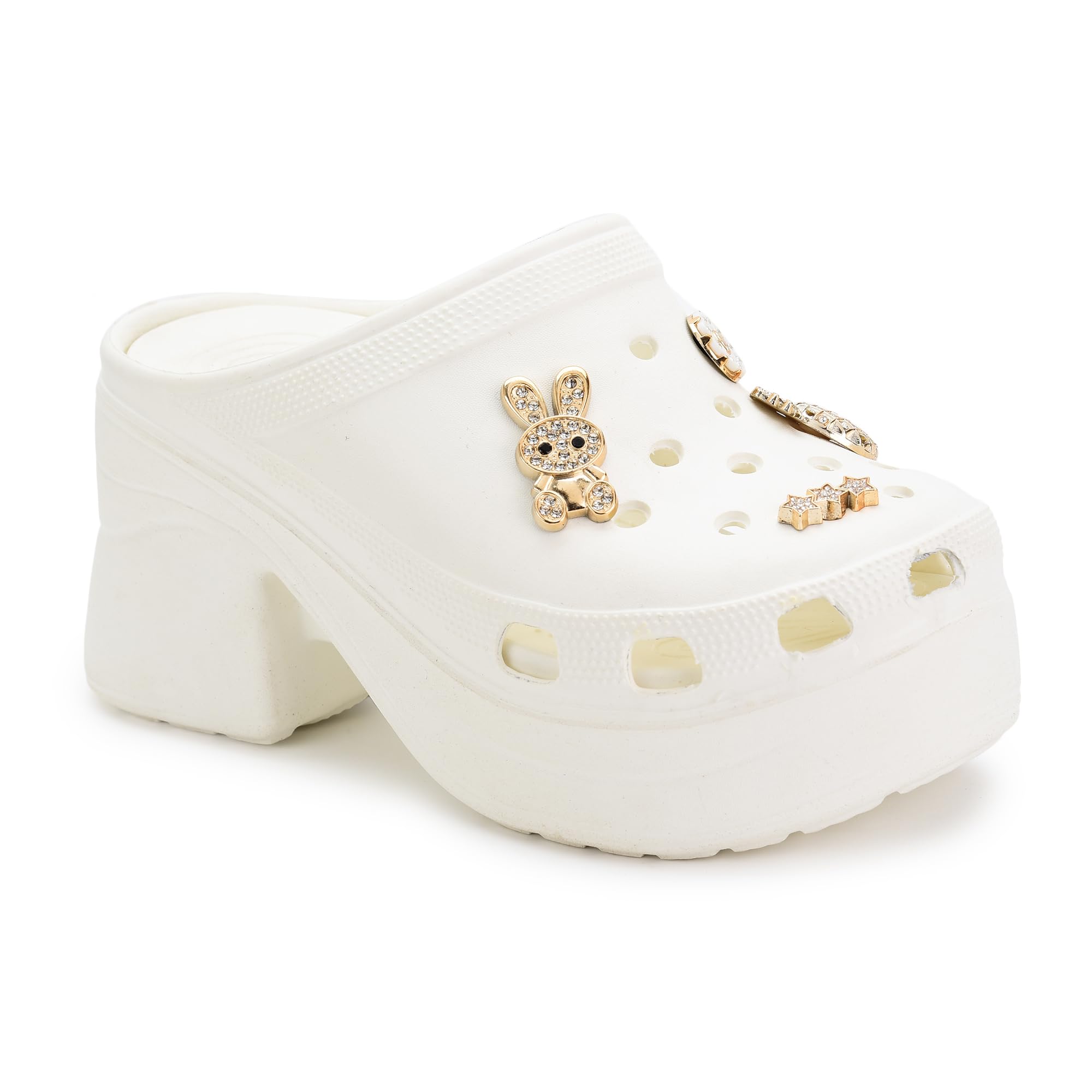 Greentech Aura Block Heel Platform Clogs for Women | Gold Charms | Slip-On Chunky Mule Clogs | Casual & Trendy Footwear for Women & Girls | Comfortable Insole | Stylish Heels for Women | Waterproof