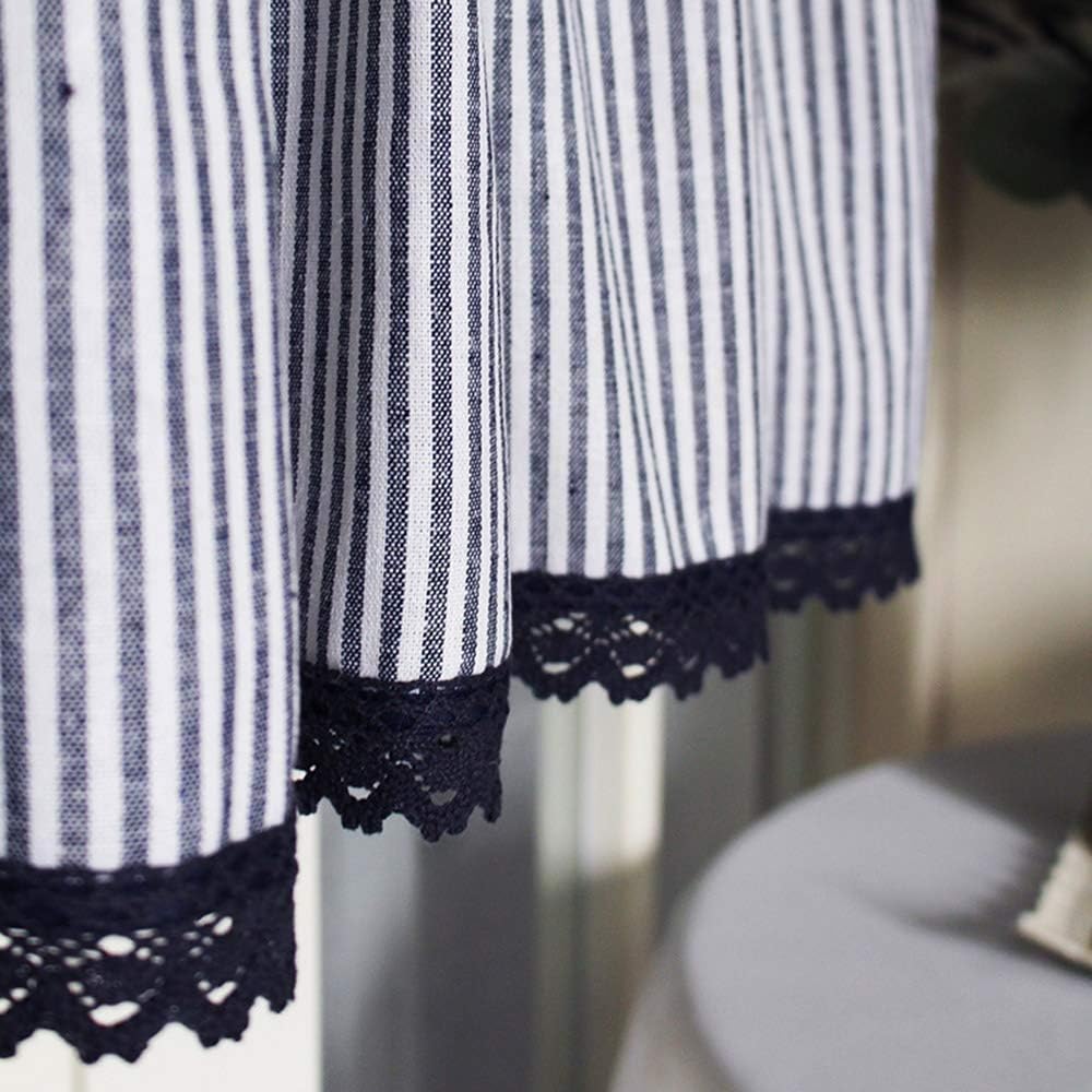 Farmhouse Kitchen Curtain Striped Café Curtain 100% Cotton Tier Curtains Lace Window Treatment Navy Blue Country Drapes with Bowknot