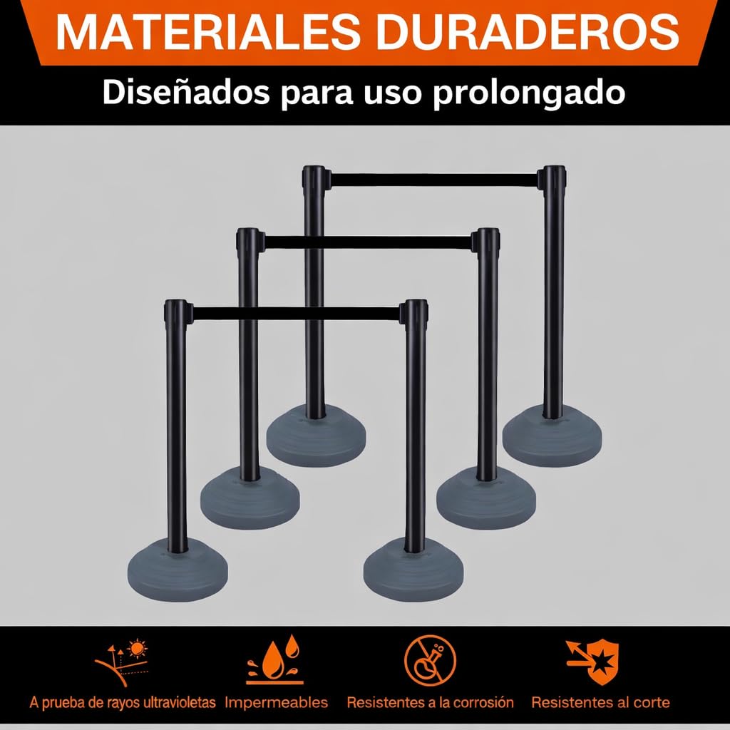 Juego de 6 postes con cinta retráctil, Poste de barrera, Cintas retráctiles de 305 cm, Barrera de seguridad para la gestión de multitudes (Negro, base rellenable con agua)