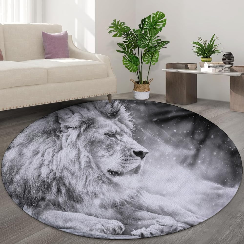 Tapis rond 3D lion gris pour salon avec revêtement antidérapant de 80 cm