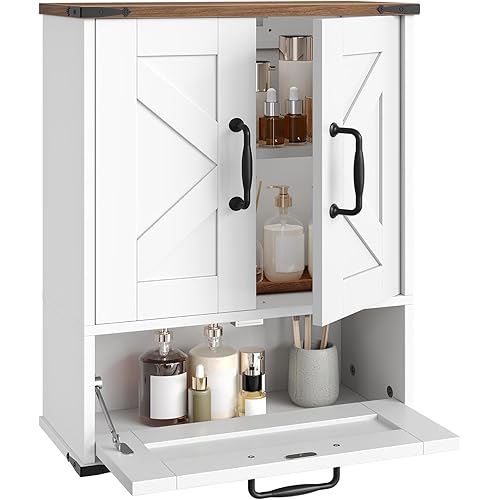 HOOBRO Farmhouse Wall Mounted Cabinet with Adjustable Shelf, Medicine Cabinet with Flip-Down Door, Over The Toilet Bathroom Organizer, for Small Bathroom, Kitchen, White and Walnut