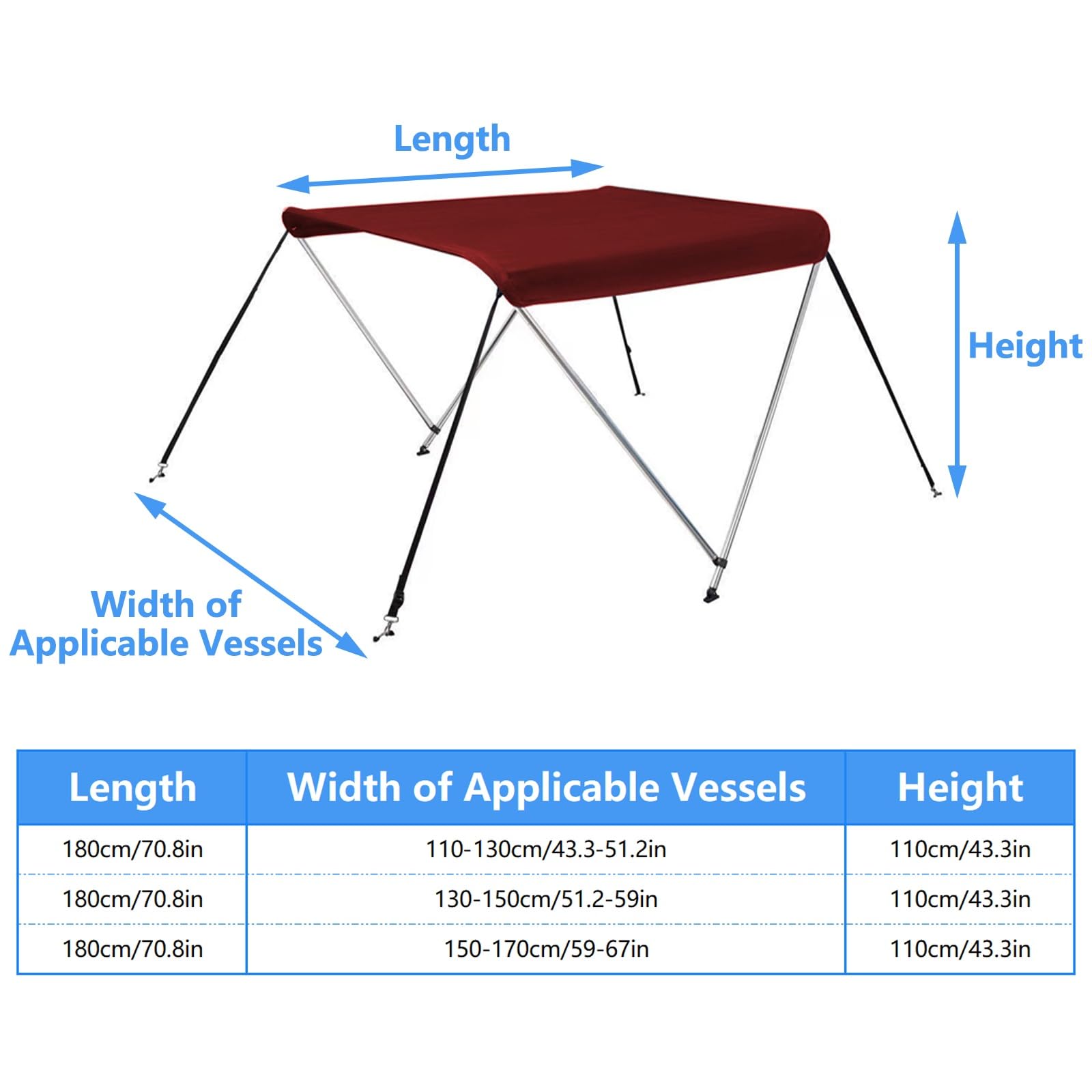 Tendalino per Barca, Bimini Top per Barca, Elevata Stabilità, Impermeabile E Parasole, Adatto per Imbarcazioni con Scafo Rigido(110-130cm/43.3-51.2in)