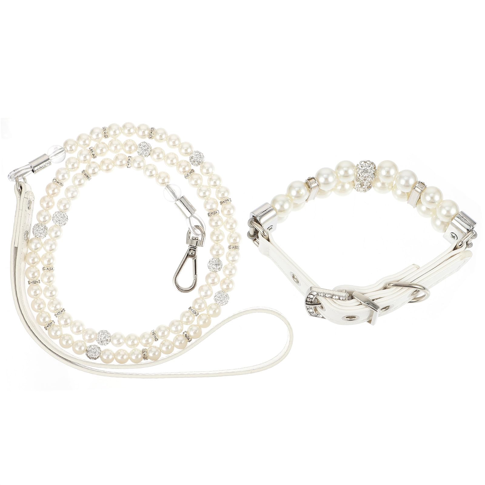 Outanaya Set 2 Pezzi Collare e Guinzaglio per Cani Cuccioli in Pelle Pu Perle Flessibile Colore Bianco per Foto e Matrimoni