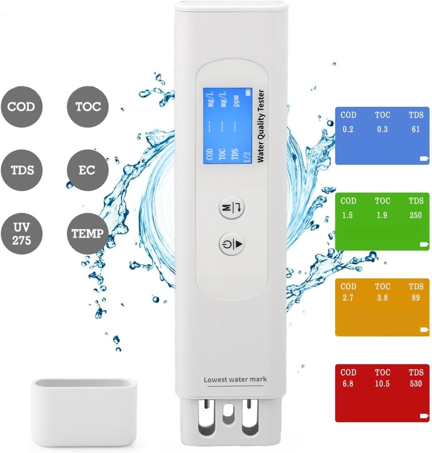 6 in 1 Water Quality Testing Meter, Tds Cod TOC Uv275 Ec Temp Meter, for Home, RV, Hiking, Camping, Travel, Well, Tap, Water Purifier