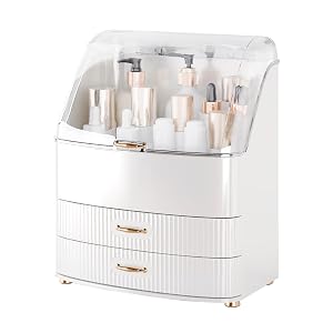 Plukers Makeup Organizer Countertop Vanity with Transparent Lid Drawers Waterproof Dustproof Cosmetic Skincare Bathroom Storage Gift for Women