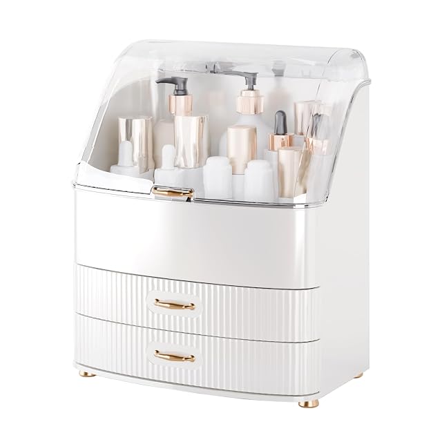 Plukers Makeup Organizer Countertop Vanity with Transparent Lid Drawers Waterproof Dustproof Cosmetic Skincare Bathroom Storage Gift for Women