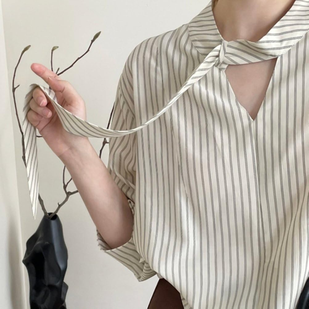 Blouses Élégantes Pour Femmes À Col Ruban Manches Longues Ajourées Fluides Rayées Pour Le Travail En Automne