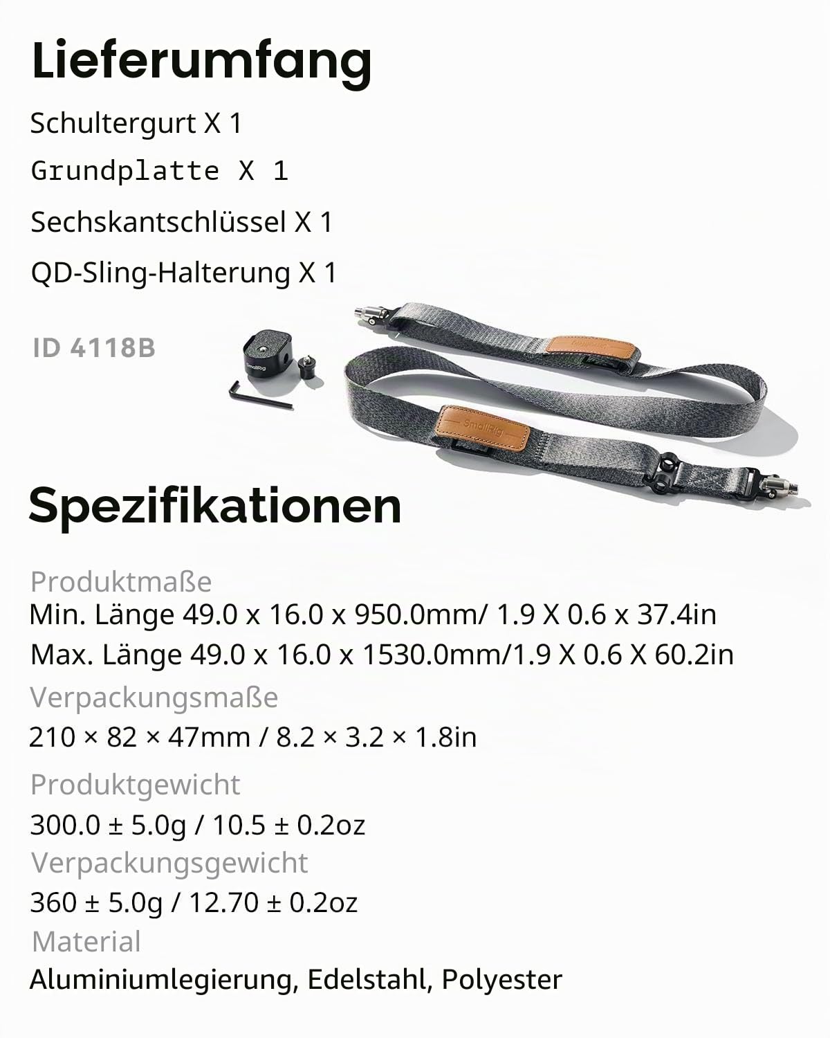 SMALLRIG RS4 Pro Gewichtsreduzierender Schultergurt Shoulder Strap Kompatibel mit Sling-Griff für DJI, Gimbal-Gürtel mit QD Quick Release Buckles für DJI RS4 / RS 4Pro / RS 3 / RS 3 Pro/RS 2-4118C