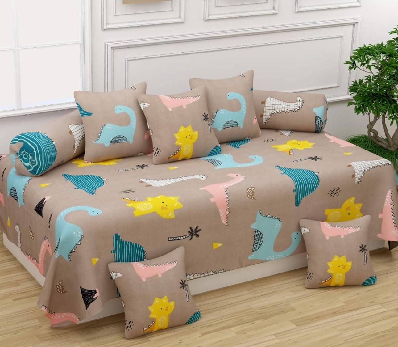 BLACK SPADE Diwan Set Covers 8 Pieces Heavy Glace Cotton Designer Printed Standard Diwan Set (1 Single Bedsheet, 2 Bolster Covers and 5 Cushion Covers) (Brown Dino)-image-0