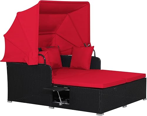 RELAX4LIFE Sofá cama para patio al aire libre con toldo, tumbona de mimbre con cojines, 4 almohadas y 2 bandejas laterales retráctiles, conversación