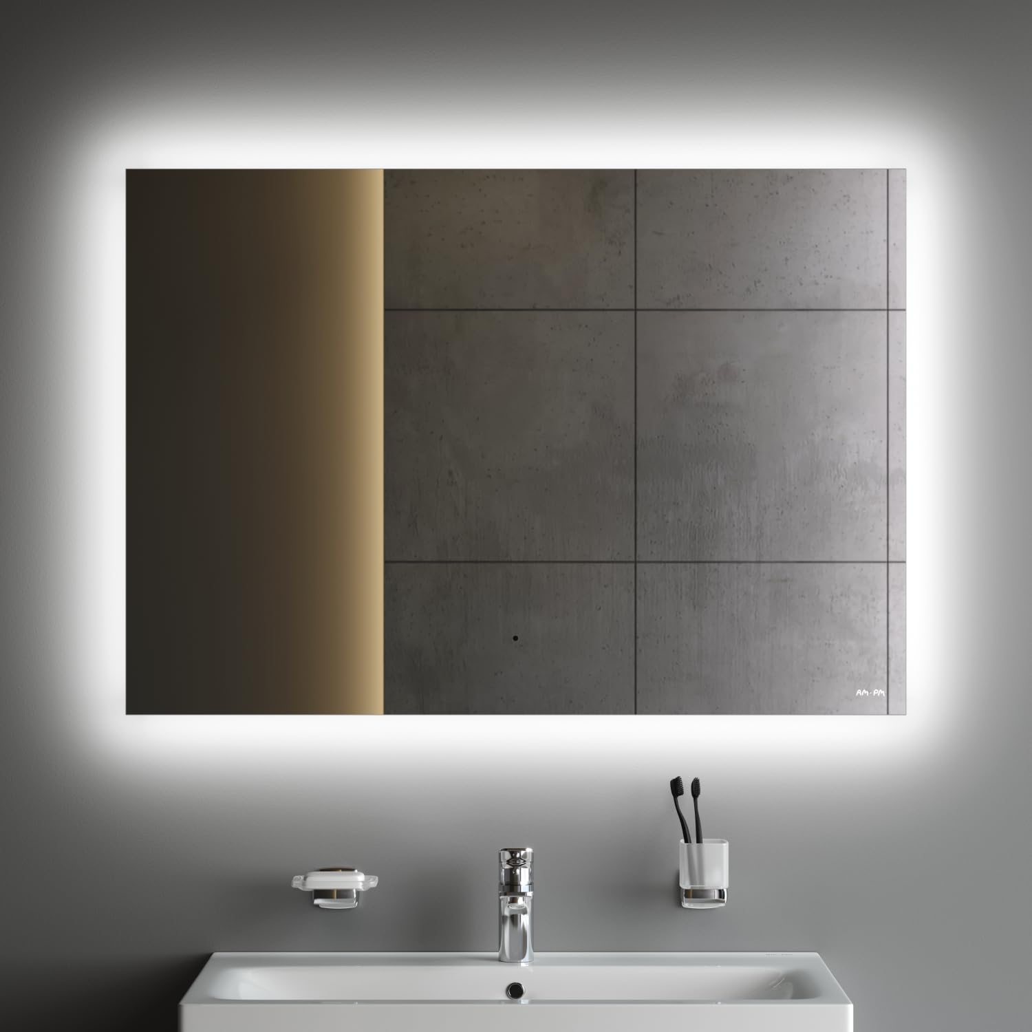AM.PM Hit – Miroir Salle de Bain LED 100 x 70 cm | Miroir Mural Rectangulaire sans Cadre avec Éclairage | Lumineux Dimmable 3 Couleurs | Capteur sans Contact & Anti-Buée | Lumière Intégrée | Argenté