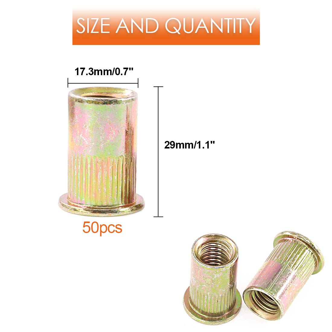 Rustark 50-Pcs 1/2''-13UNC Mixed Zinc Plated Carbon Steel Rivet Nut Flat Head Insert Nutsert Assortment Kit