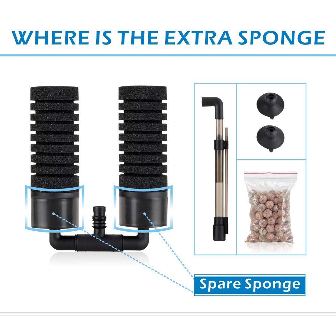 hygger Sponge Filter, Aquarium Filter Double Sponge Replaceable Media with 4 Biochemical Sponges and 1 Bag of Filtered Ceramic Balls Ultra Quiet Filter Fish Tank (S/M) (M for 15 to 55 Gallon Tank)