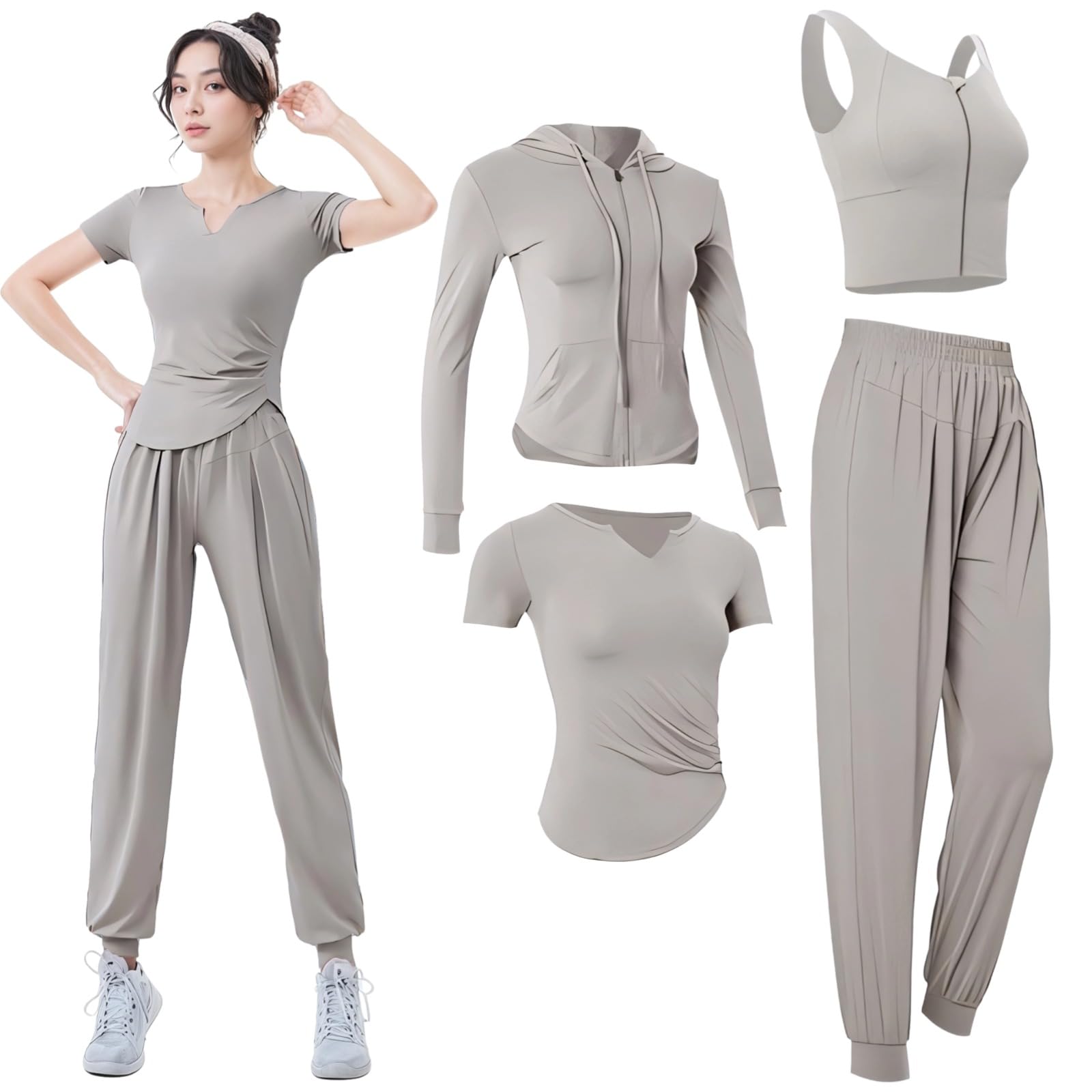 Conjunto de entrenamiento de 4 piezas de manga larga para mujer, incluye chaqueta, manga corta, brasier y pantalones, tela transpirable que absorbe el sudor, talla XXL, ideal para yoga y gimnasio