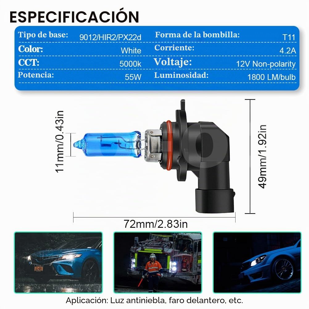SOFOC Hir2 Faro 9012 Bombilla 12V 55W Halógeno Blanco 1800Lm 30% Más Brillante OEM Luz Diurna Faro Antiniebla 2Pcs