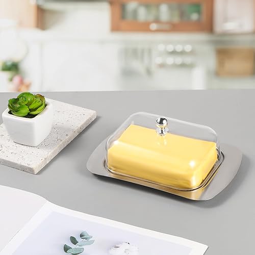 Miniatura 2 de Mantequillera con tapa, plato de mantequilla de acero inoxidable con tapa de plástico para encimera, pequeño soporte para mantequilla con tapa,