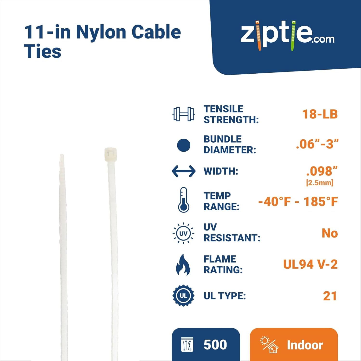 ZipTie.com 11-inch Natural Multi-Purpose Zip Tie, 18-lb Tensile Strength, UL 21 Listed, 500-Pack