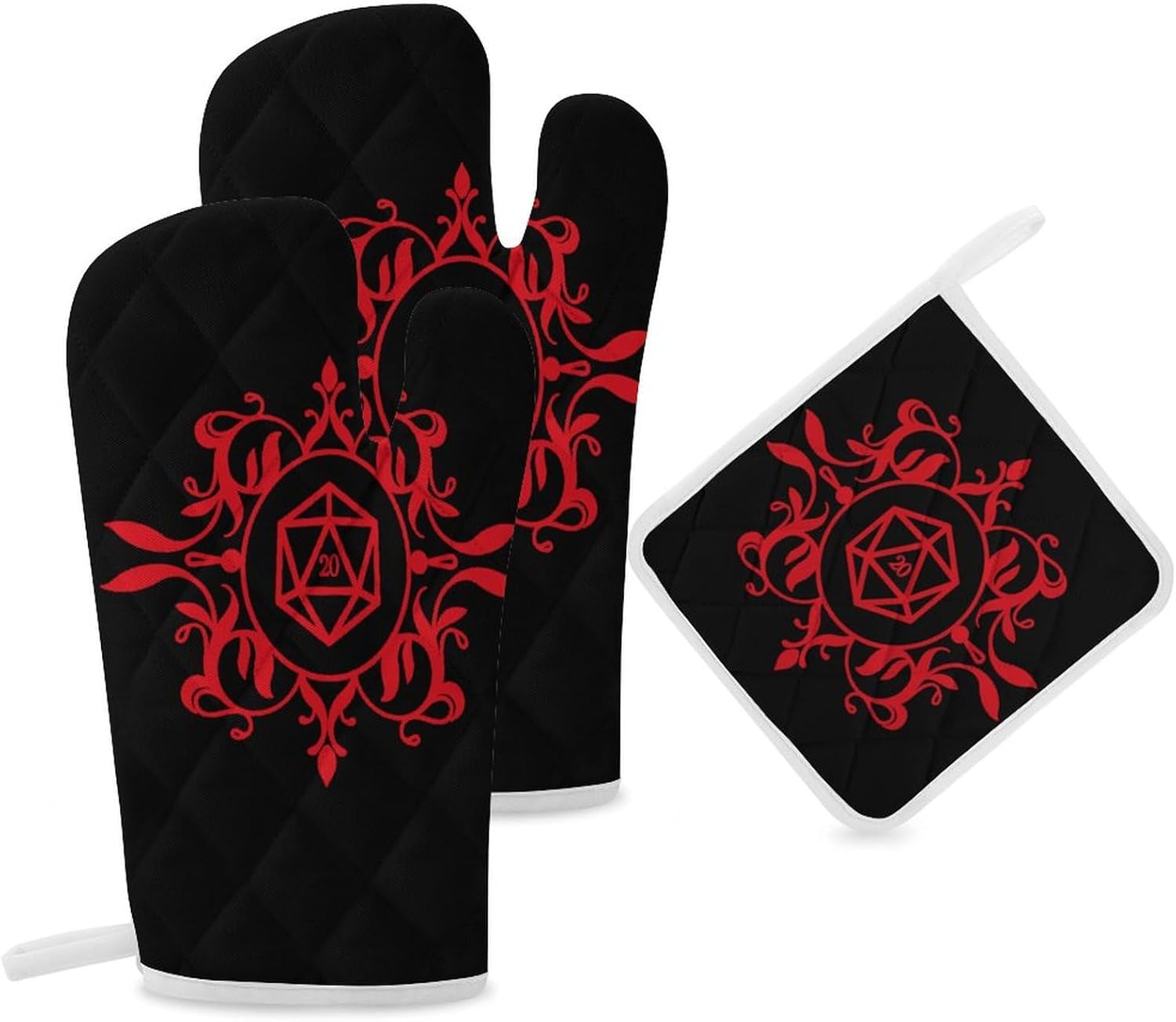 D and 20 Dice Print Oven Mitts and Pot Holders 3 Piece Sets Heat Resistant Gloves Hot Pads Potholders for Kitchen Baking Cooking
