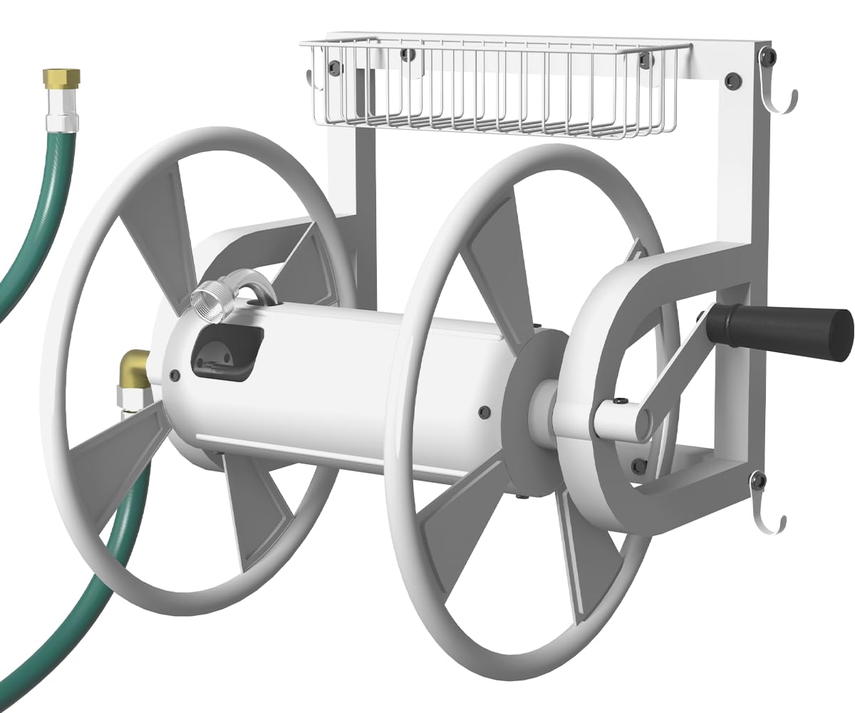 Artigarden Outdoor Wall Mounted Hose Reel with Hook, Garden Heavy-Duty Water Hose Holder Winder with 3.9 ft Leader Hose, Brass Fitting and Storage Basket for Yard, Holds 125 Ft of 5/8-Inch Hose, White