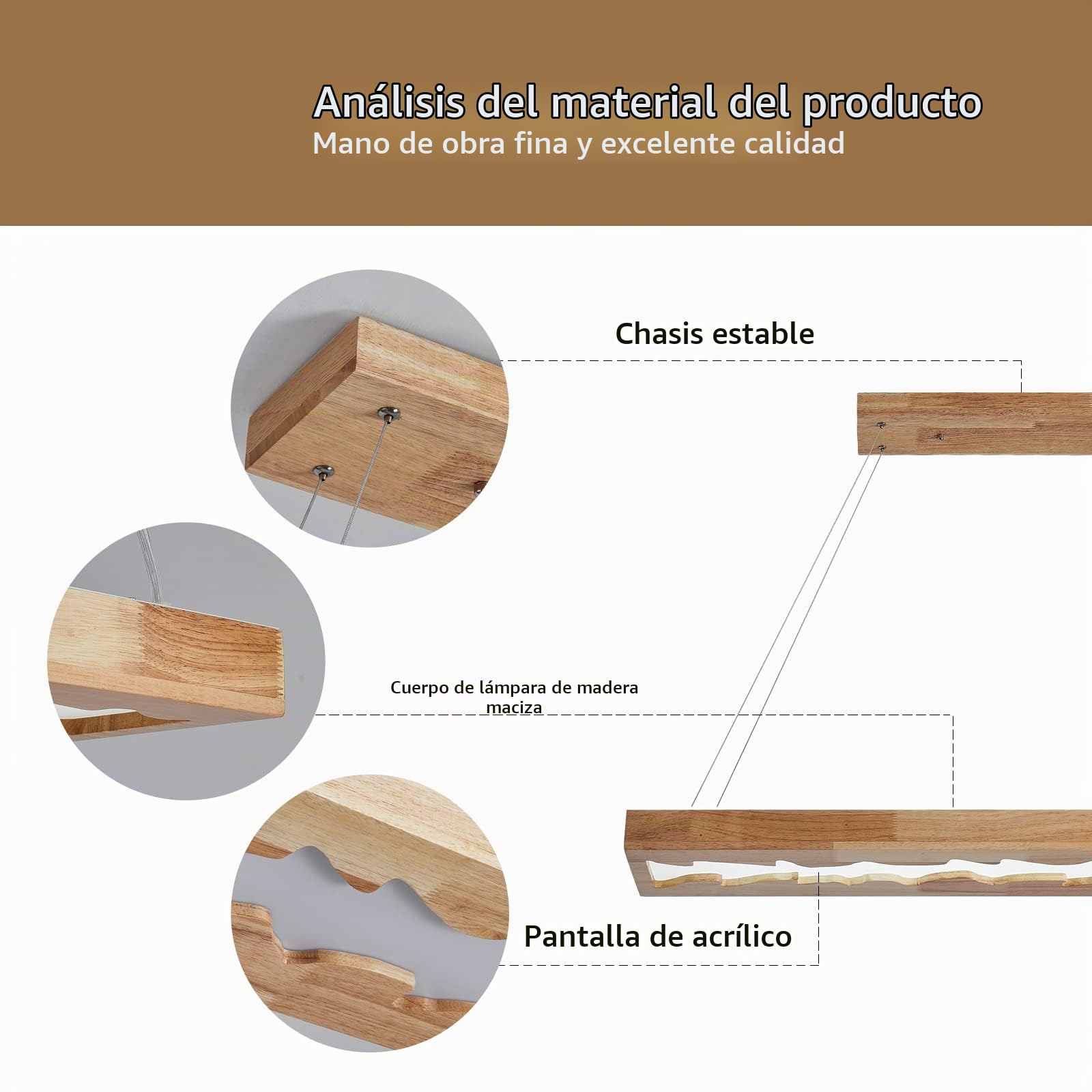 Lámpara colgante de madera LED, lámpara colgante rústica de madera regulable para mesa de comedor, altura ajustable, 40 W, 100 CM