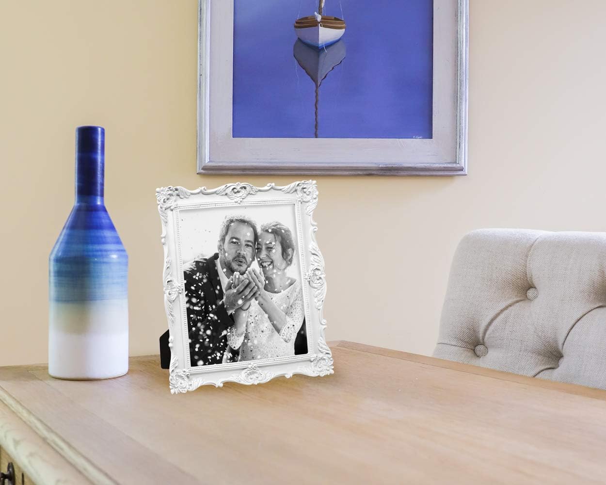 Laura Ashley 8x10 White Ornate Textured Hand-Crafted Resin Picture Frame with Easel & Hook for Tabletop & Wall Display, Decorative Floral Design Home Décor, Photo Gallery, Art, More (8x10, White)