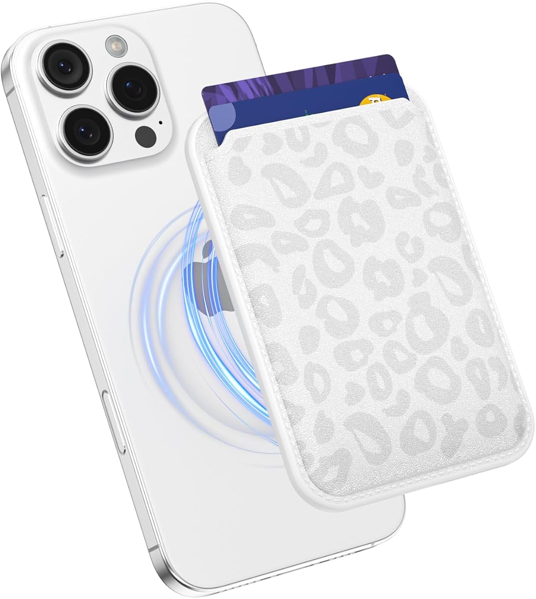 Svanove Leopard Magnetic Phone Wallet Compatible with Magsafe Wallet for Women, Cheetah Print ID Credit Card Holder Wallets for iPhone 17/16/15/14/13/12 Series, Cute Slim Leather Wallets, White