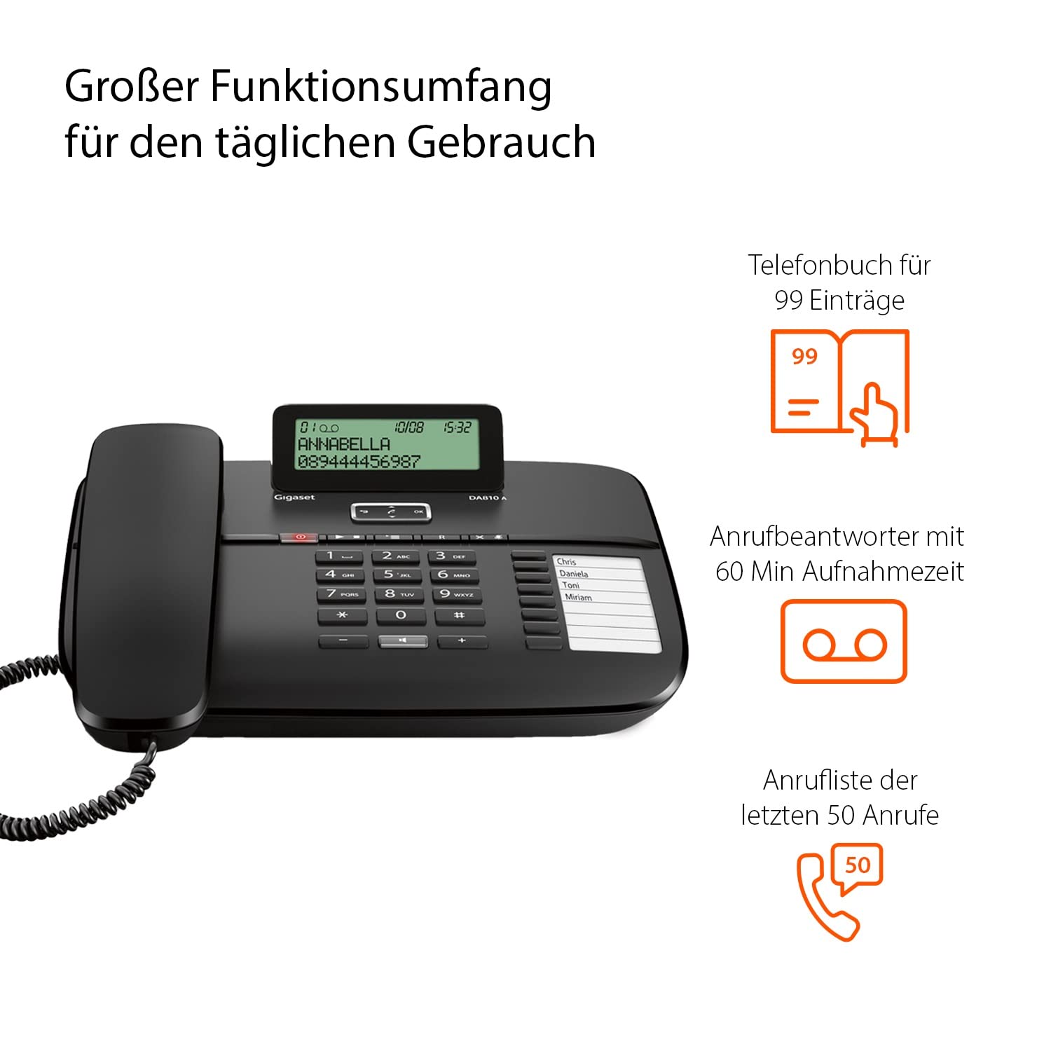 Gigaset DA810A - Schnurgebundenes Telefon mit Anrufbeantworter und Freisprechfunktion - klappbares Display - Anruferanzeige (CLIP) - lange Aufnahmezeit - Telefonbuch für 99 Kontakte, schwarz