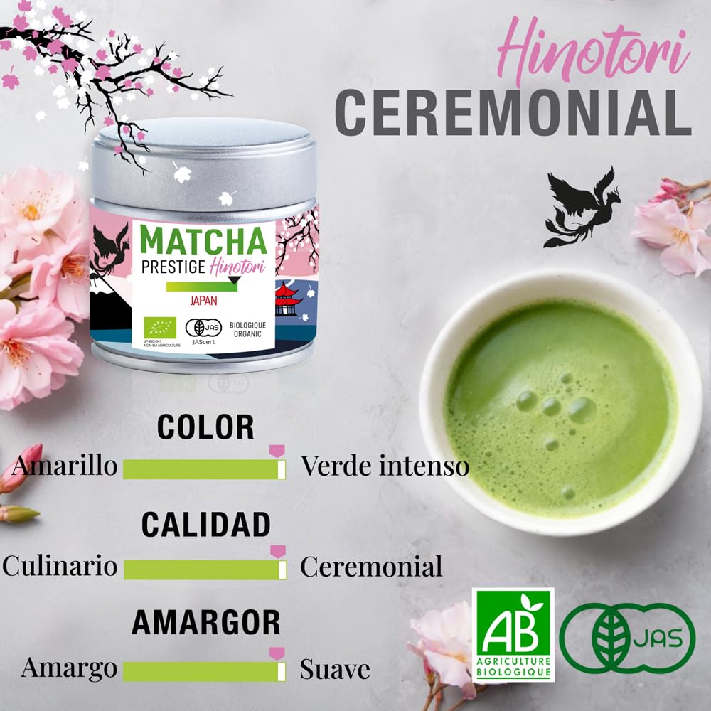 ORIGEENS TÉ MATCHA CEREMONIAL ECOLÓGICO PRESTIGE HINOTORI - Té Matcha Bio Japonés - Usucha/Koicha/Matcha Latte - Caja 30gr - Matcha Tea
