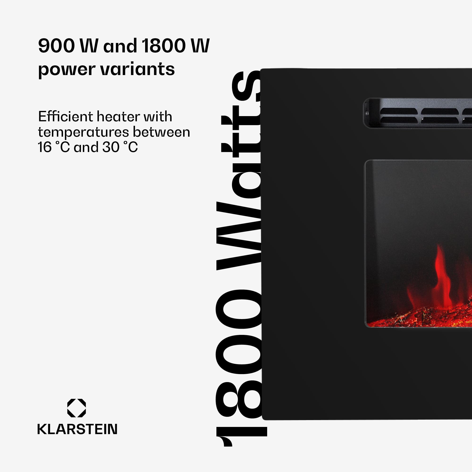 Klarstein Kominek elektryczny, Ogrzewanie elektryczne do salonu i wnętrz, Kominek z płomieniami LED, z pilotem, Termowentylator z timerem, Regulowany termostat, Ogrzewanie 1800 W