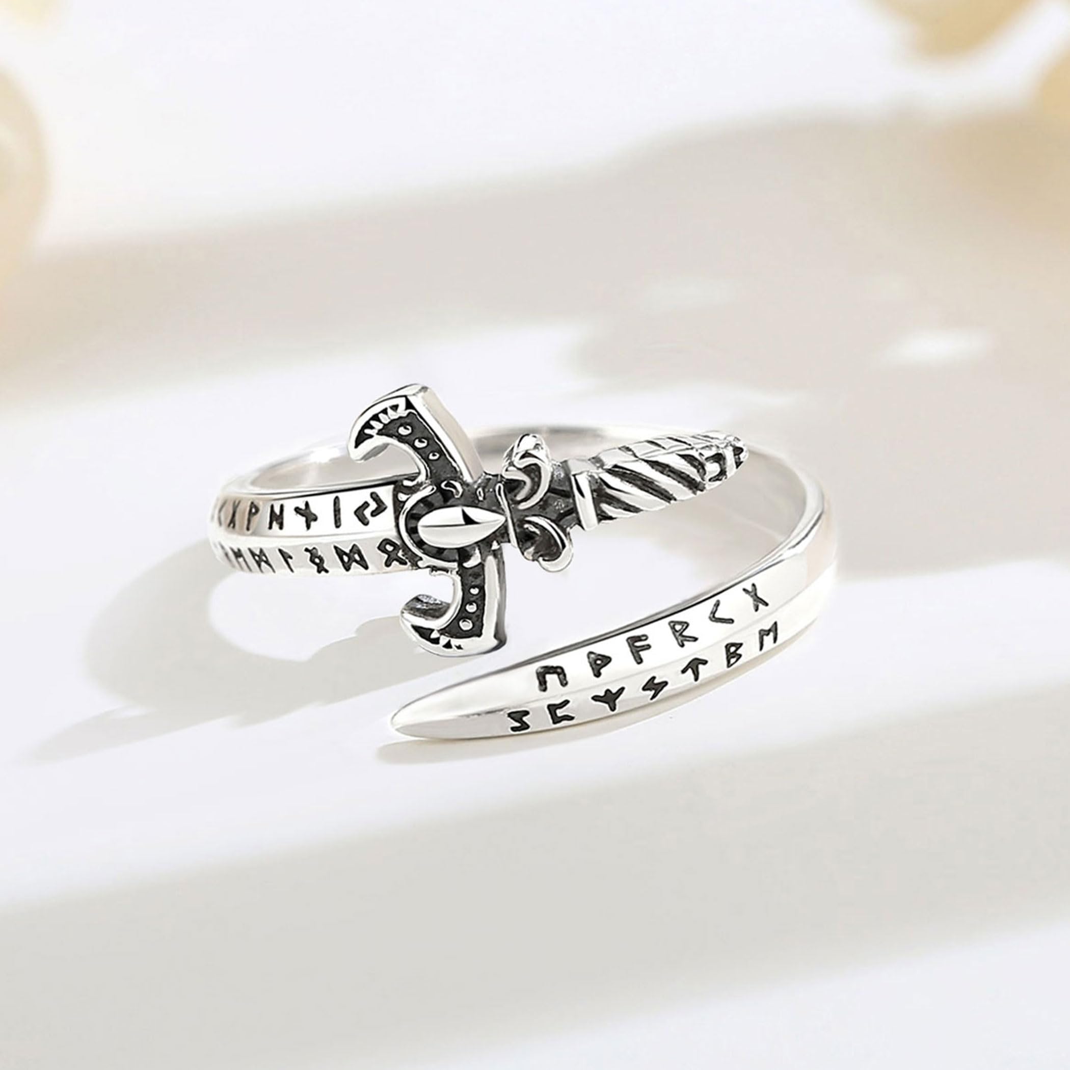 AEONSLOVE Anello Drago/Teschio Gotico Argento 925 per Uomo Donna, Anelli Regolabile Rune Vichinghe/Lupo Vintage, Anello Aperto Serpente con Ossidiana/Tetragrammaton Pentacolo