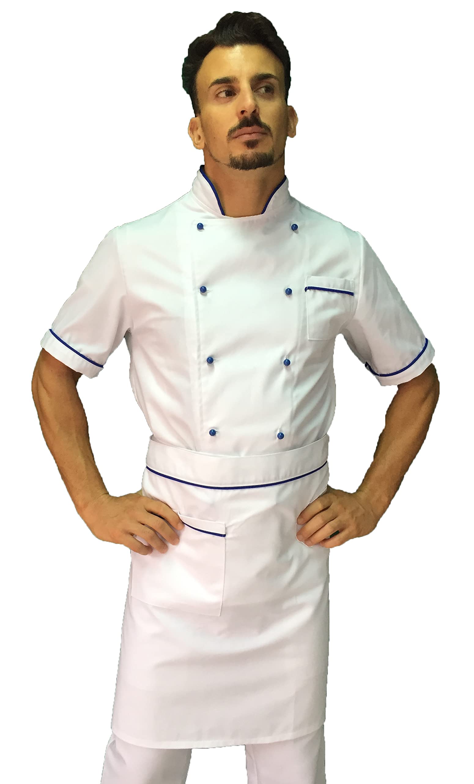 Bordado gratuito – Conjunto de cocinero para hombre – Blanco Azul – Camiseta de chef de manga corta – Chaqueta, pantalones y delantal – Uniforme para cocina y restaurante – Fabricado