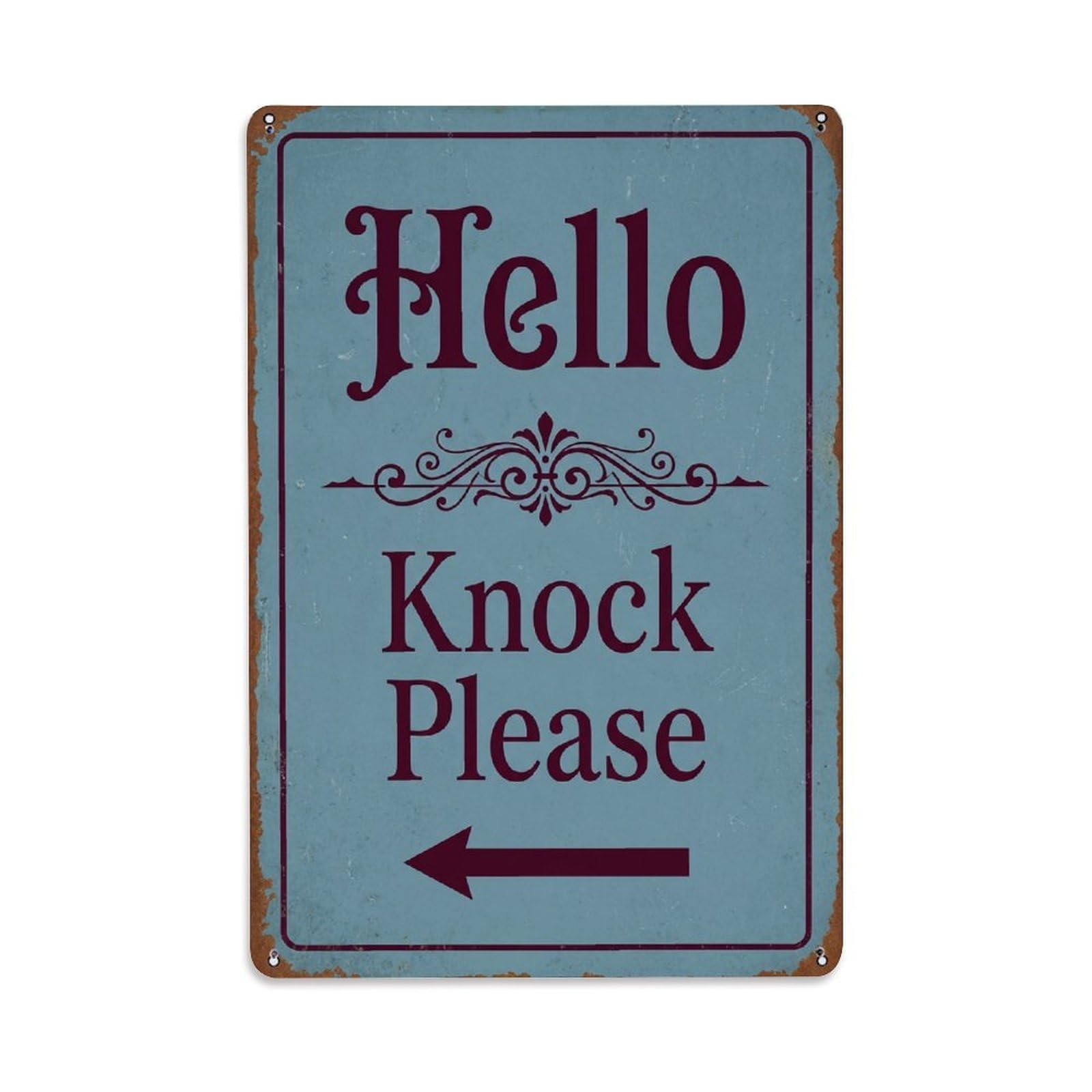 Metal Tin Sign Vintage Hello Knock Please Arrow Ornate