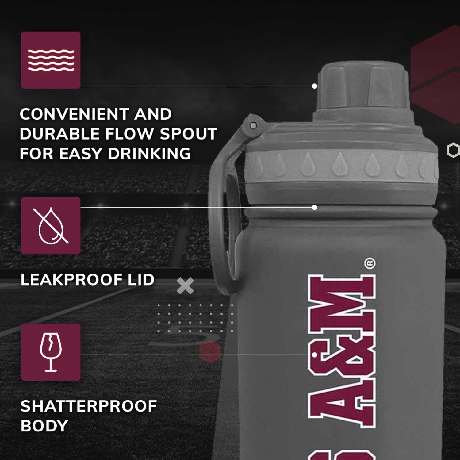Campus Colors NCAA Stainless Steel Water Bottle - Twist on cap - 24 oz - Carry Clip - Keeps Your Drinks Hot or Cold for Hours (Texas A&M Aggies - Sport Gray)