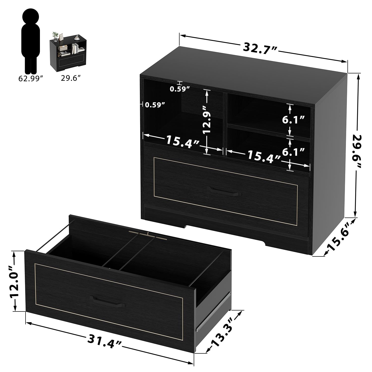 LVB Cassettiera in legno nero, 83 cm, con ripiano per stampante, per studio | Robusto telaio in legno con ripiano per stampante, molto spazio per lettere e documenti in formato A4