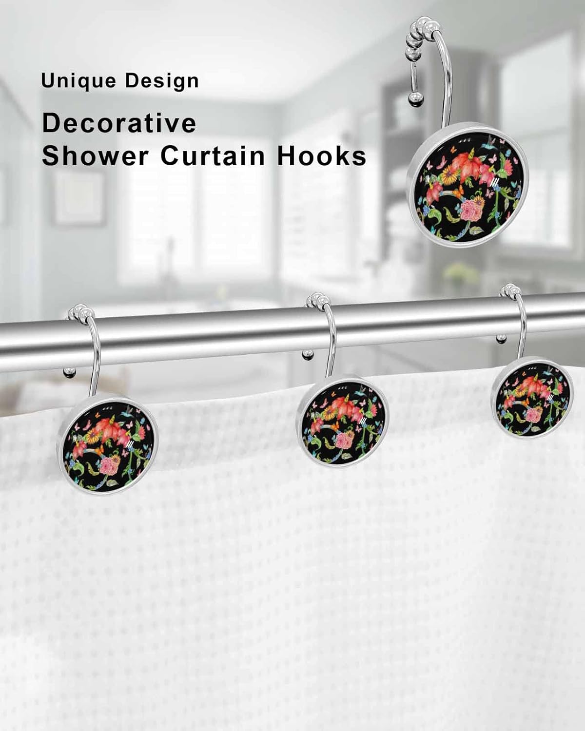 Shower Curtain Hooks Set of 12 Windless Texture with Arabesque Crystal Glass Shower Curtain Rings for Bathroom Decorative Stainless Steel Rust Proof Roller Shower Curtain Hangers