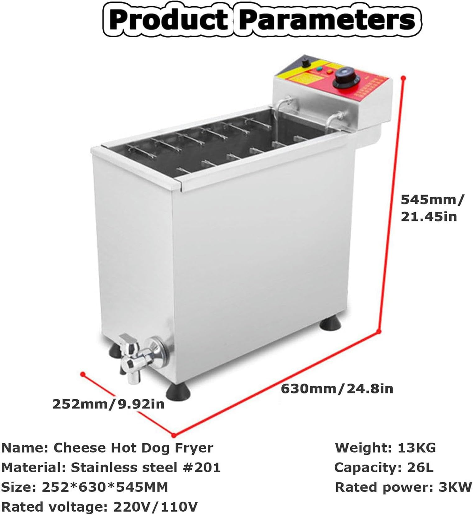 Freidora automática Comercial de palitos para Perros Calientes de Queso, freidora eléctrica de Gran Capacidad de 25 litros para Perros, freidora para Perros ~/