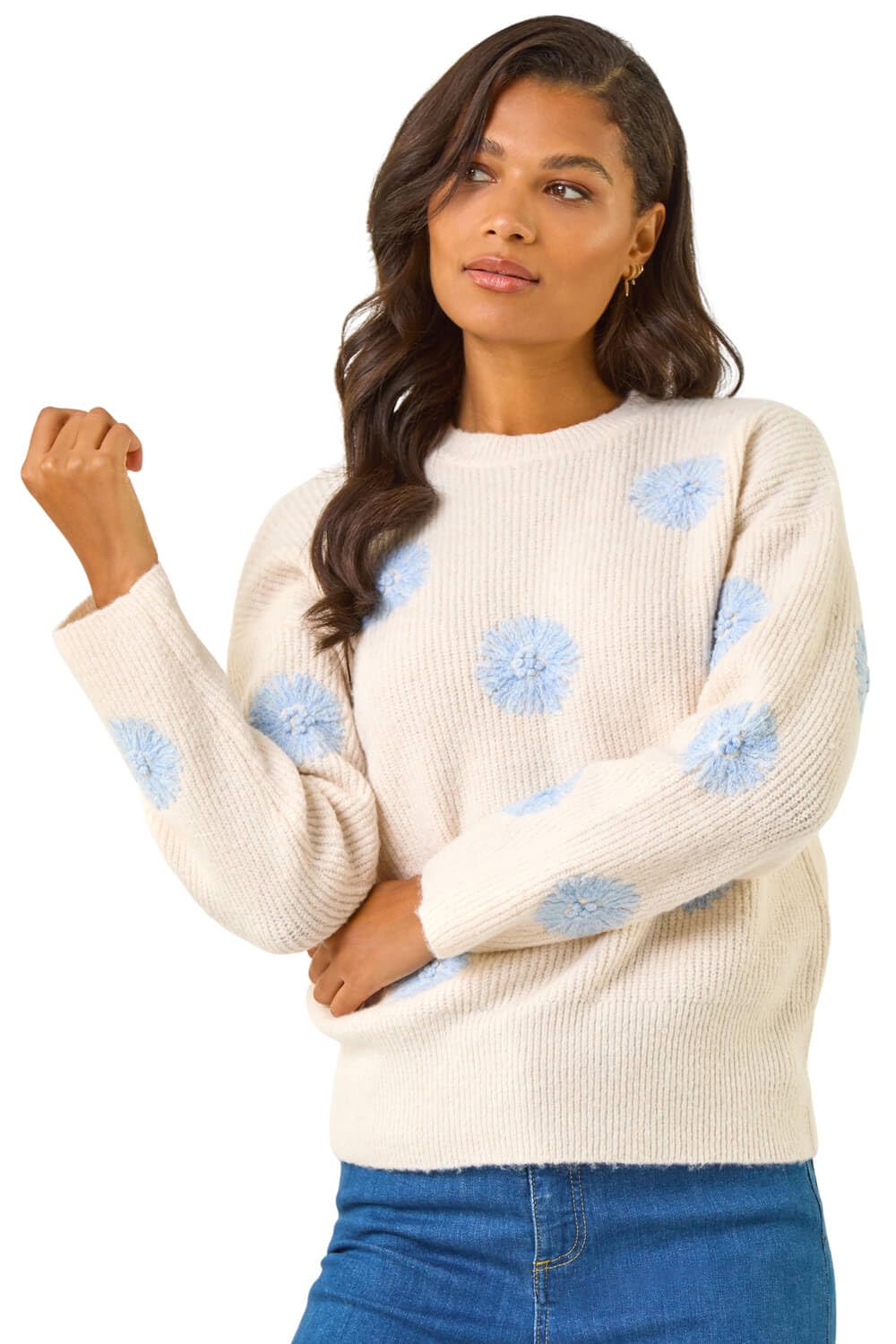 Roman Originals Women Embroidered Embellished Jumper - Ladies Round Neck Long Length Pretty Smart Casual Workwear Office Knitwear Sweatshirt Pullover - Floral Ivory - Size 14