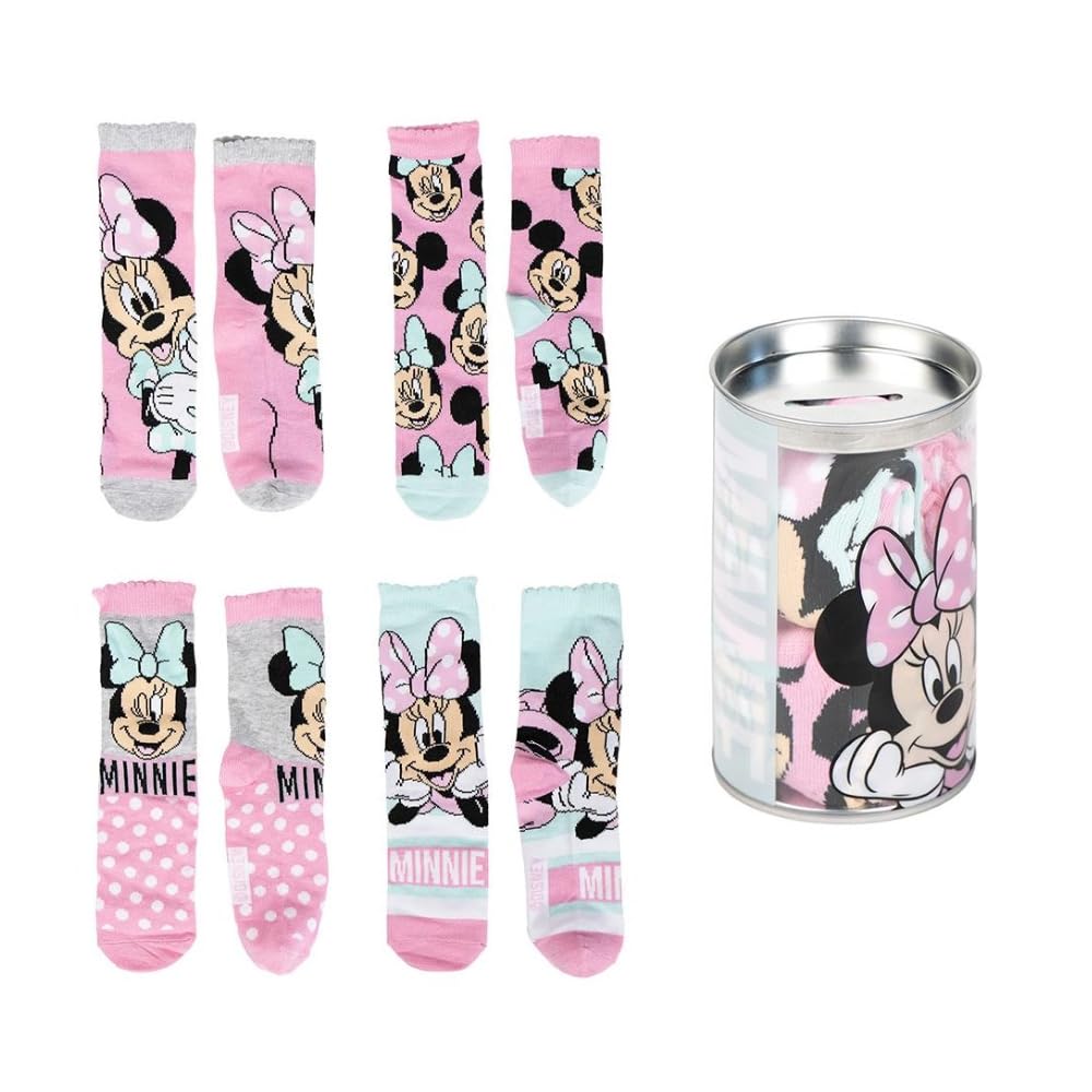 Disney Minnie Mouse Socks 4 Pairs Kids Cotton Blend Socks with Money Box, multi-coloured, 31-34