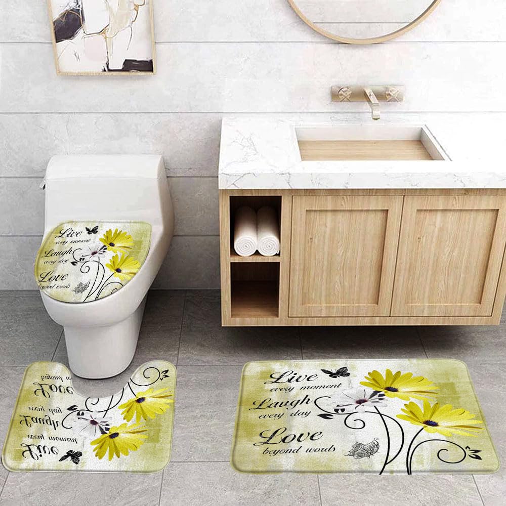 VPUPCN 3 Pcs Farmhouse Floral Bath Rugs Set,Rustic Yellow Daisy Flower Inspirational Quotes Butterfly Turquoise Blue Kitchen Rug with 17.8
