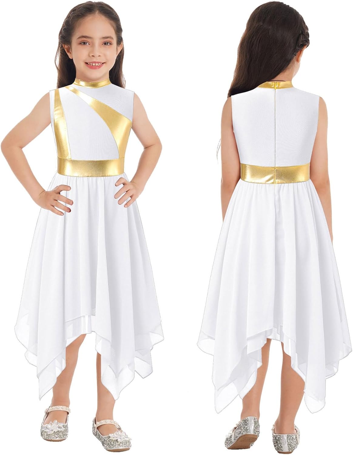Kids Girls Sleeveless Color Block Asymmetrical Praise Lyrical Dance Dress Robe Liturgical Worship Costume