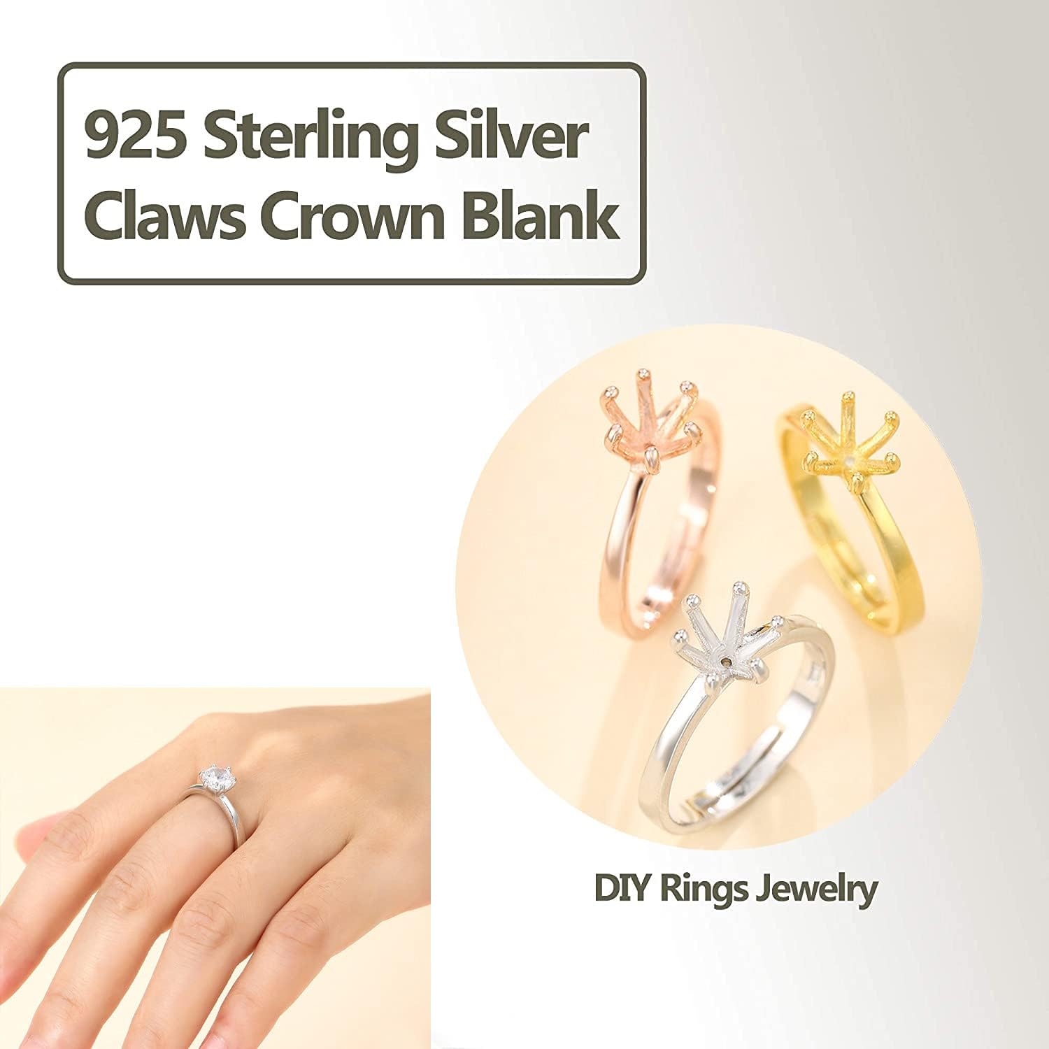 925 Sterling Silver Adjustable Ring Blanks for 3.5/4.5/5.5/6.5/7.5mm Round Stones 6 Claws Claw Ring Base Cabochon Setting for Women