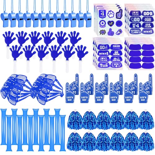 Letsroar 204 Pcs Team Spirit Accessories Blue School Spirit Items - Cheerleading Pom Poms, Whistles, Thunder Sticks, Hand Clappers for Tailgates Football Baseball Sports Events