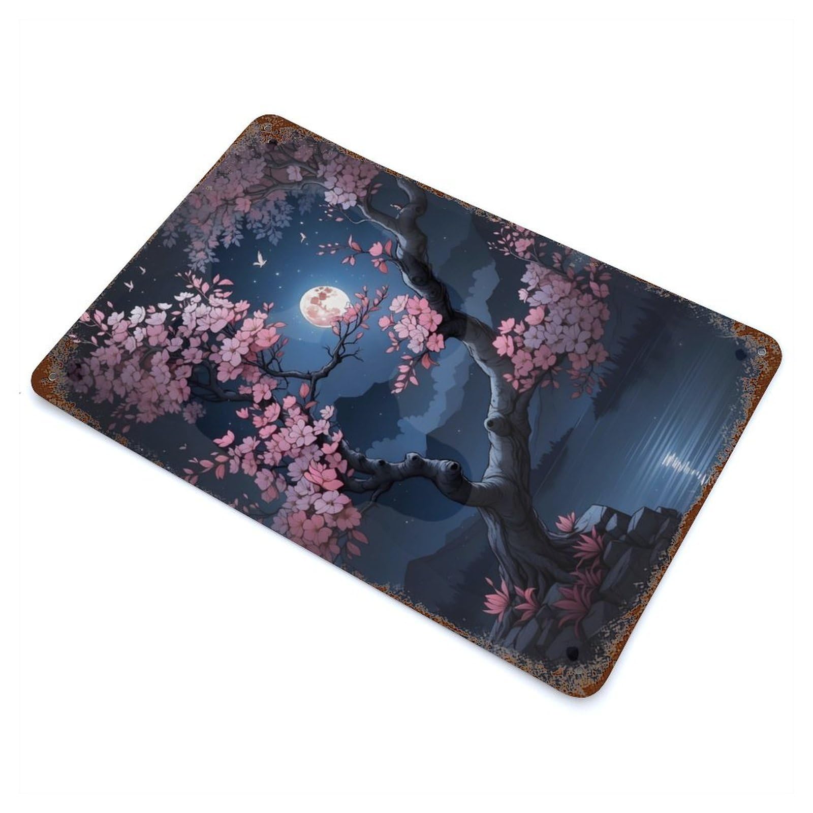 Vintage Rust Metal Sign Sakura Night 11.8"x7.9", Shabby Chic Decor for Cafe, Home Bar And Lounge Decor