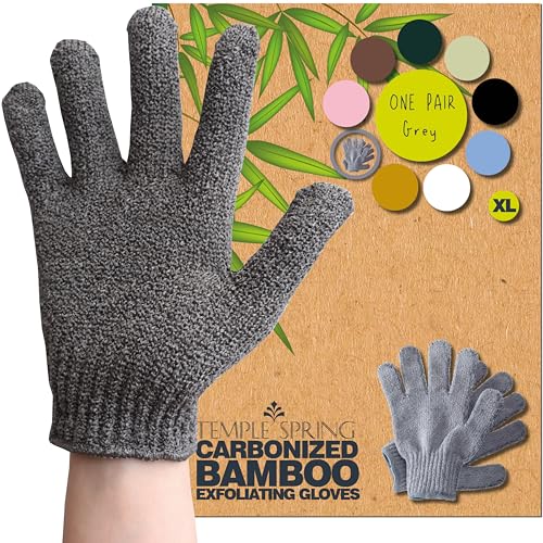 Temple Spring Exfoliating Glove, Carbonized Rayon Bamboo Body Scrubber, Loofah Exfoliating Mitt, Shower Scrubber Wash Cloth, Body Exfoliator Scrub, Loofa Shower Gloves Bath Sponge - Grey XL